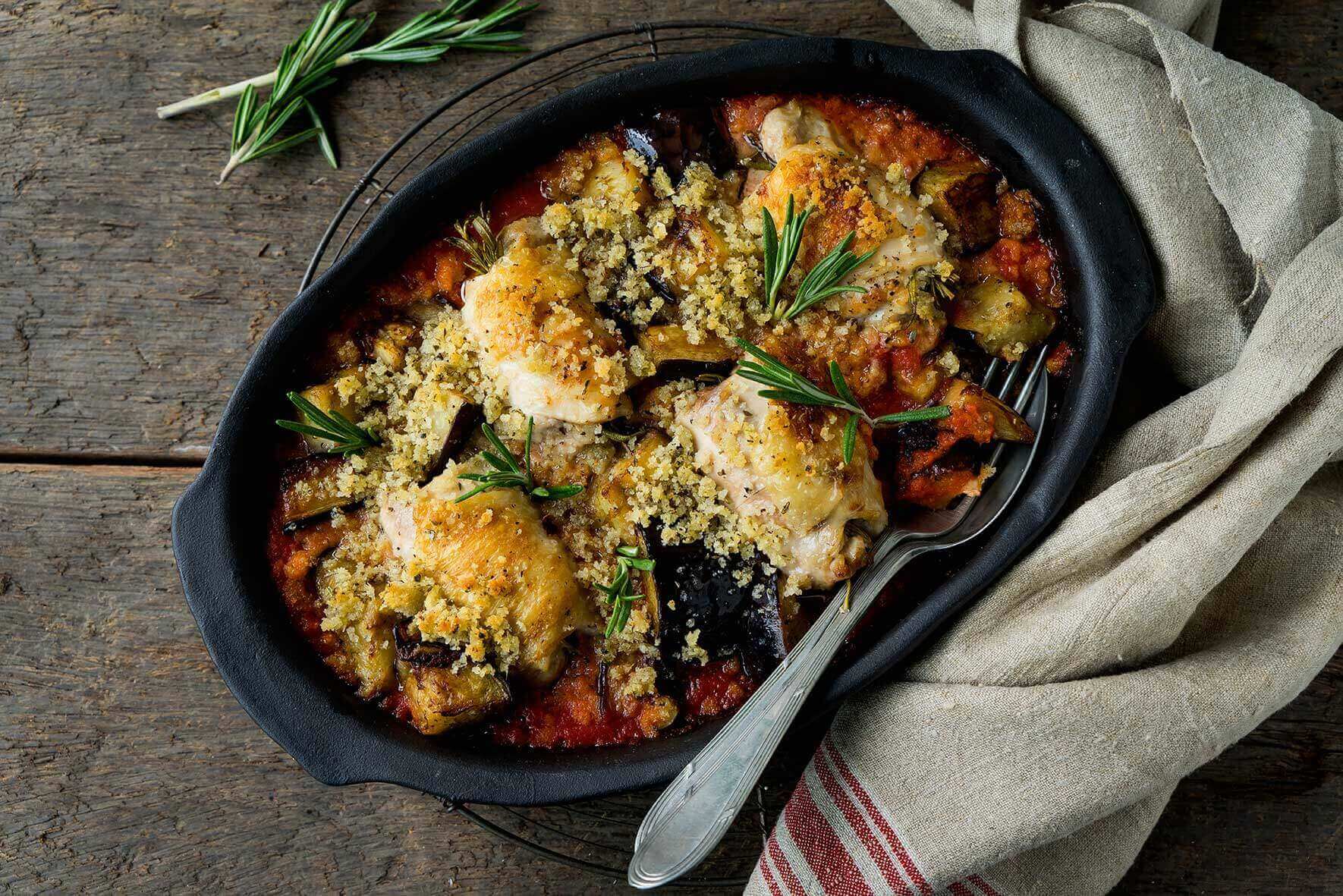 Chicken thighs with eggplant pangrattato with herbs Recipes by our